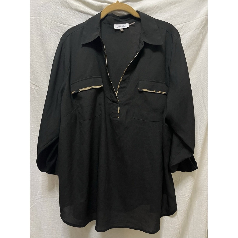 Calvin Klein Womens 1X Black Long Sleeve Animal Trim Button Blouse Flowy Career